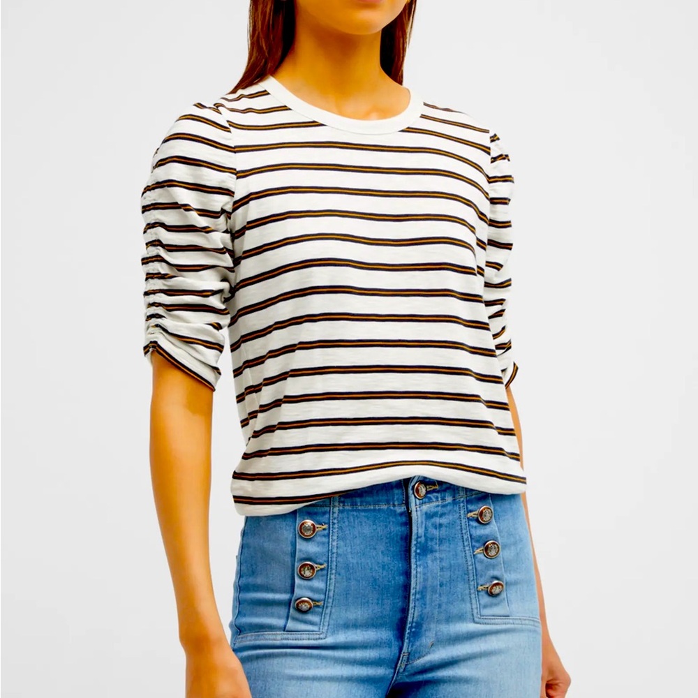 Veronica Beard Waldorf Stripe Tee in Black & Brown with Ruched Sleeves